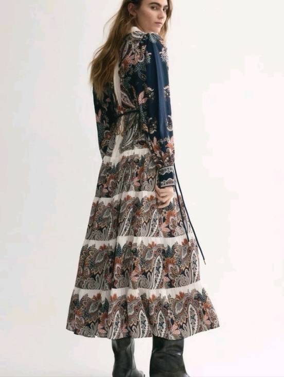 Sz M H&M Dress With Tiered Skirt New Blue Beige/Paisley - Picture 3 of 4